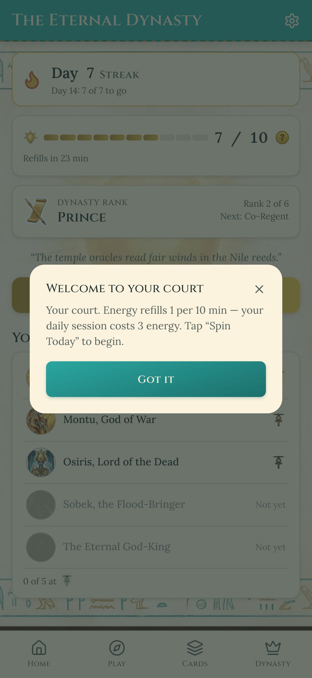 Home &mdash; energy bar, streak banner, today's domain