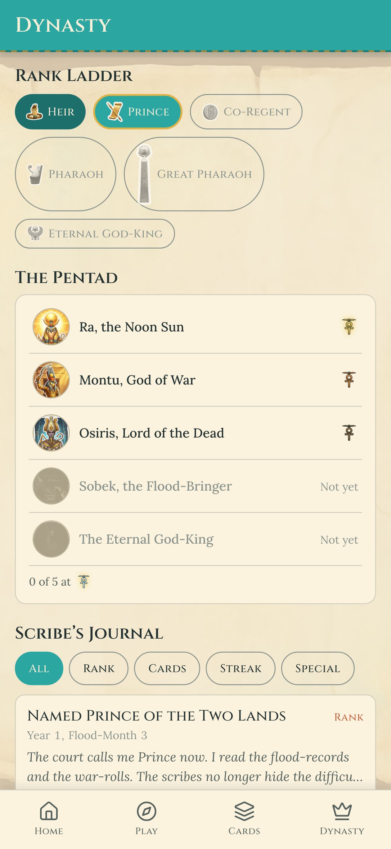 Dynasty &mdash; rank ladder, Pentad widget, chronicle log